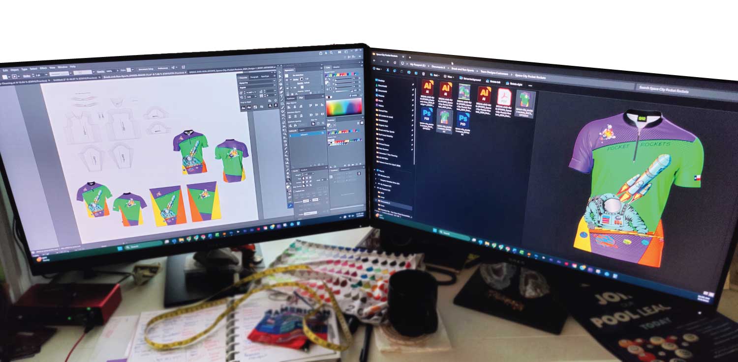 Two computer monitors displaying graphic design software with colorful shirt designs on a desk.
